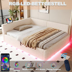 Upholstered Bed 140x200cm with LED, USB, L-Shaped Backrest and Hydraulic Frame, Beige Velvet
