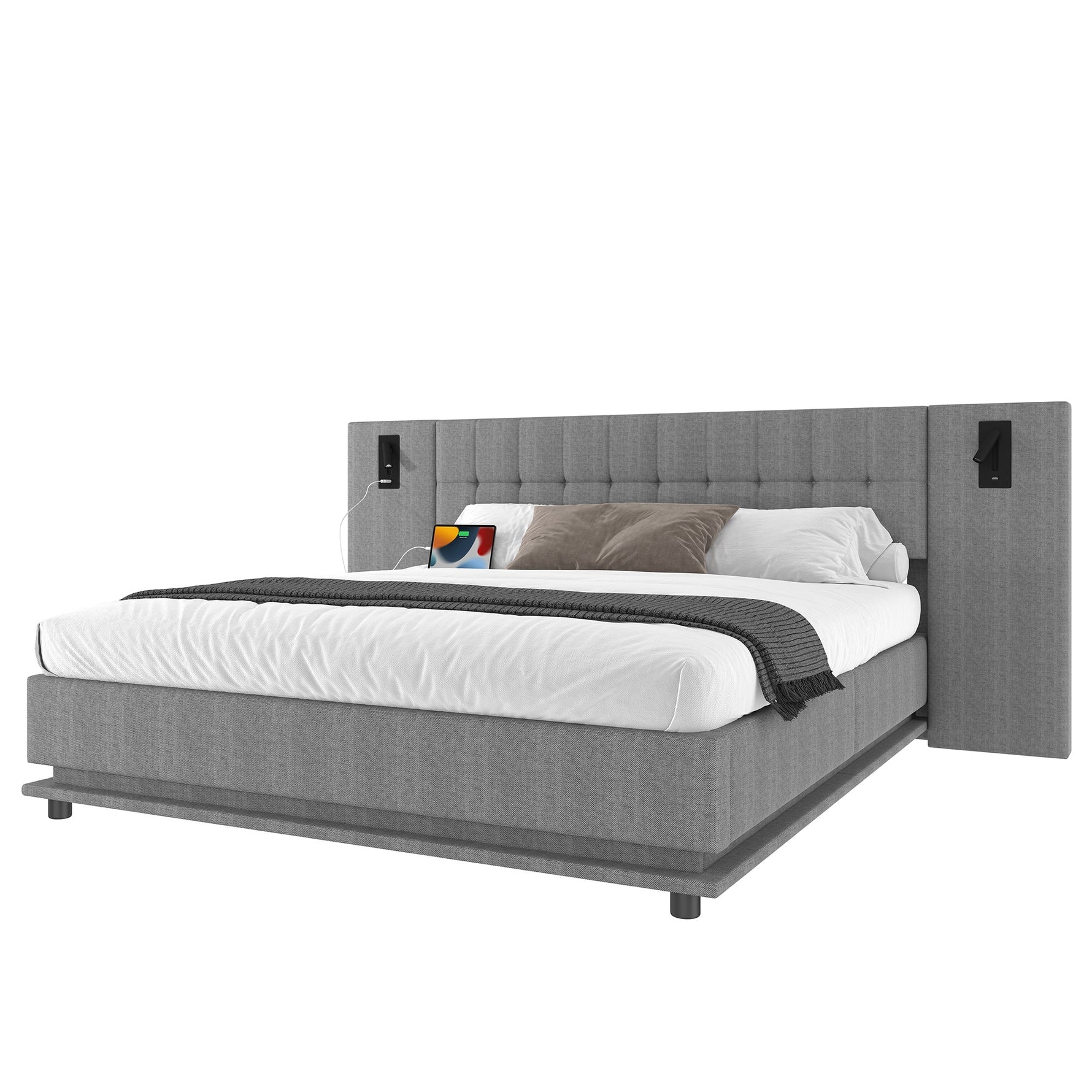 Upholstered Bed 180x200cm LED Spotlight USB Port - Linen Grey