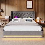 Upholstered Double Bed with Hydraulic Storage, USB Charging and LED, 180x200cm, Grey Cotton