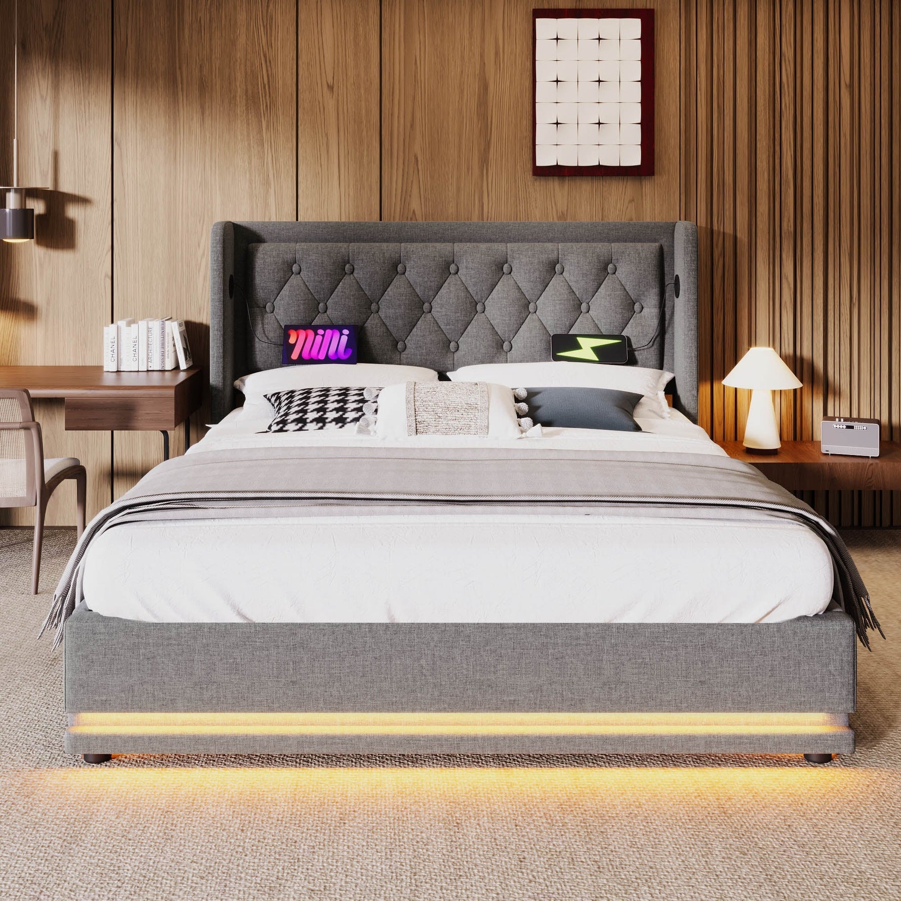 Upholstered Double Bed with Hydraulic Storage, USB Charging and LED, 180x200cm, Grey Cotton