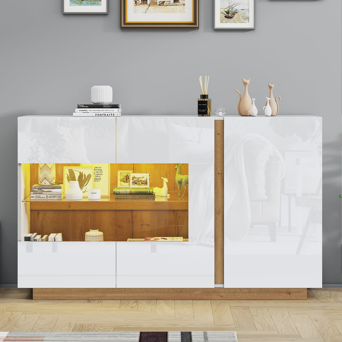 Sideboard High Gloss Chest of Drawers, White Chipboard with Glass