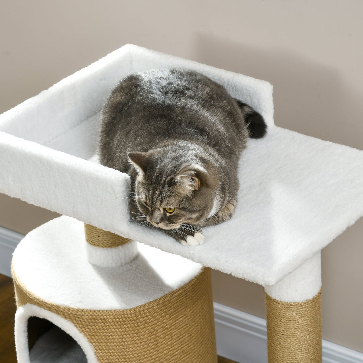 Cat Tree 79cm Small, with Cat Cave & Lying Area, Jute Brown/White