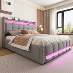 Upholstered Bed 160x200cm LED USB Hydraulic Storage Light Grey Linen Fabric