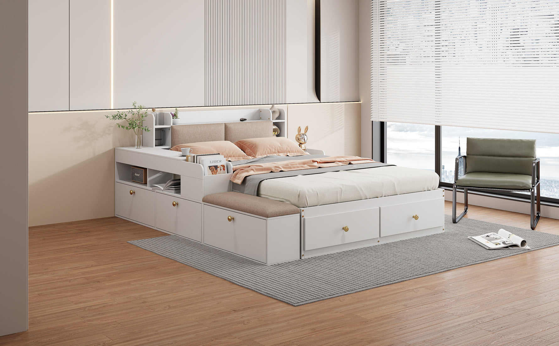 Solid Wood Combination Bed 140x200cm, Storage Headboard, Drawers, Nightstand, Wardrobe, Sofa Bench, White