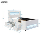 Upholstered Platform Bed 90x200cm Stairs Drawers LED USB Storage Pockets - White