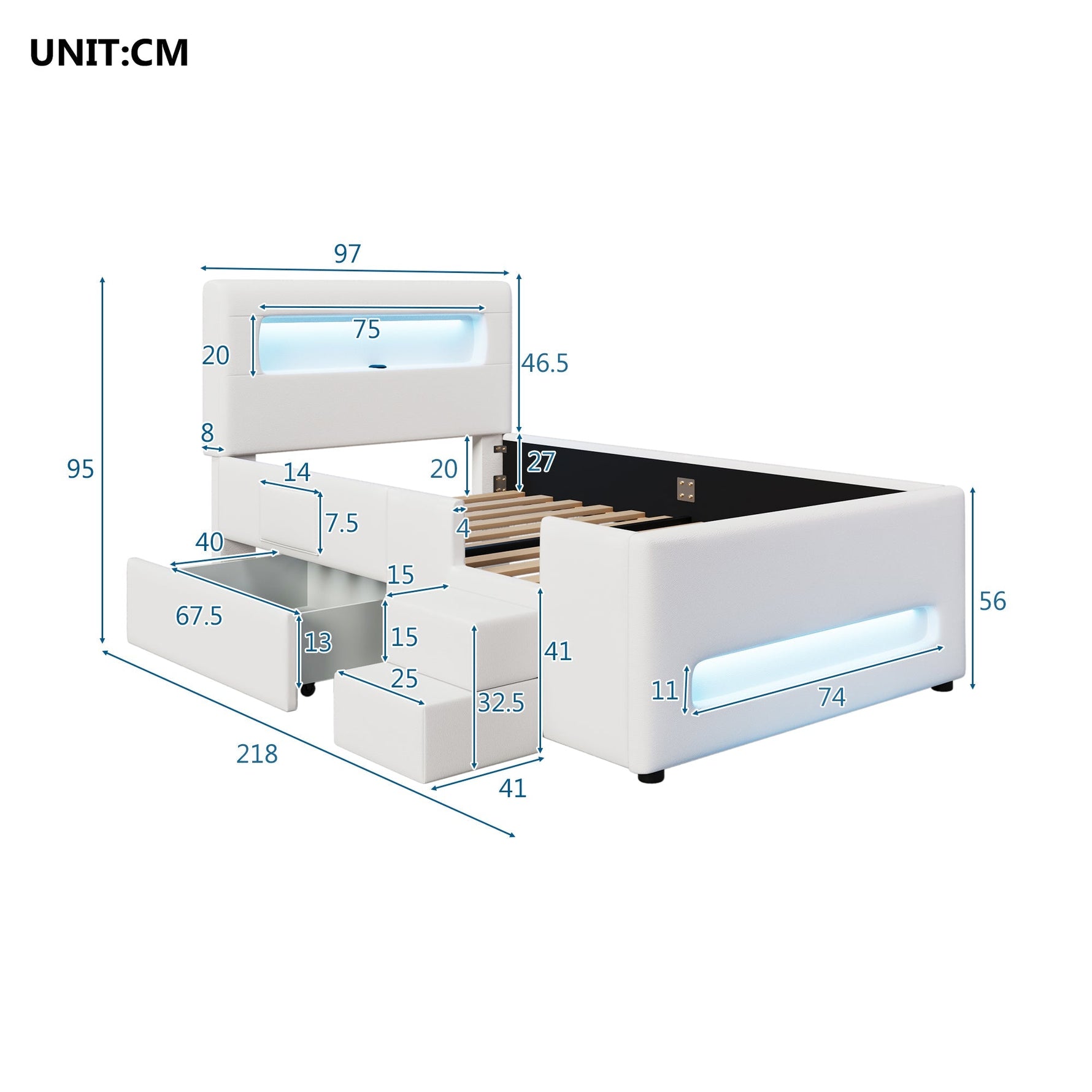 Upholstered Platform Bed 90x200cm Stairs Drawers LED USB Storage Pockets - White