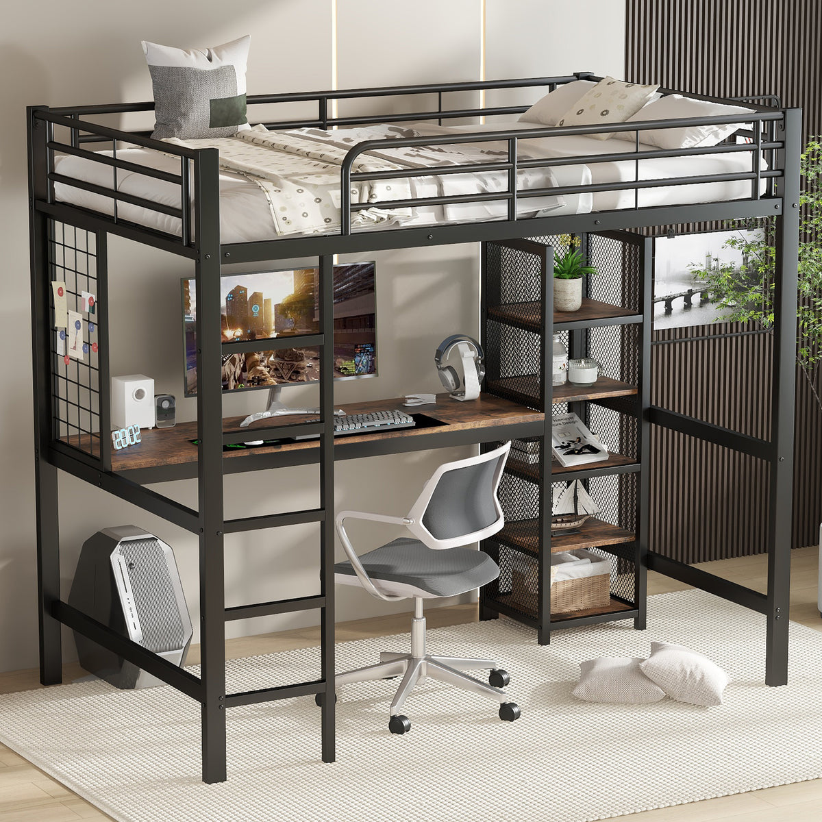 Loft Bed with Desk & Shelves 90x200cm - Black & Dark Wood