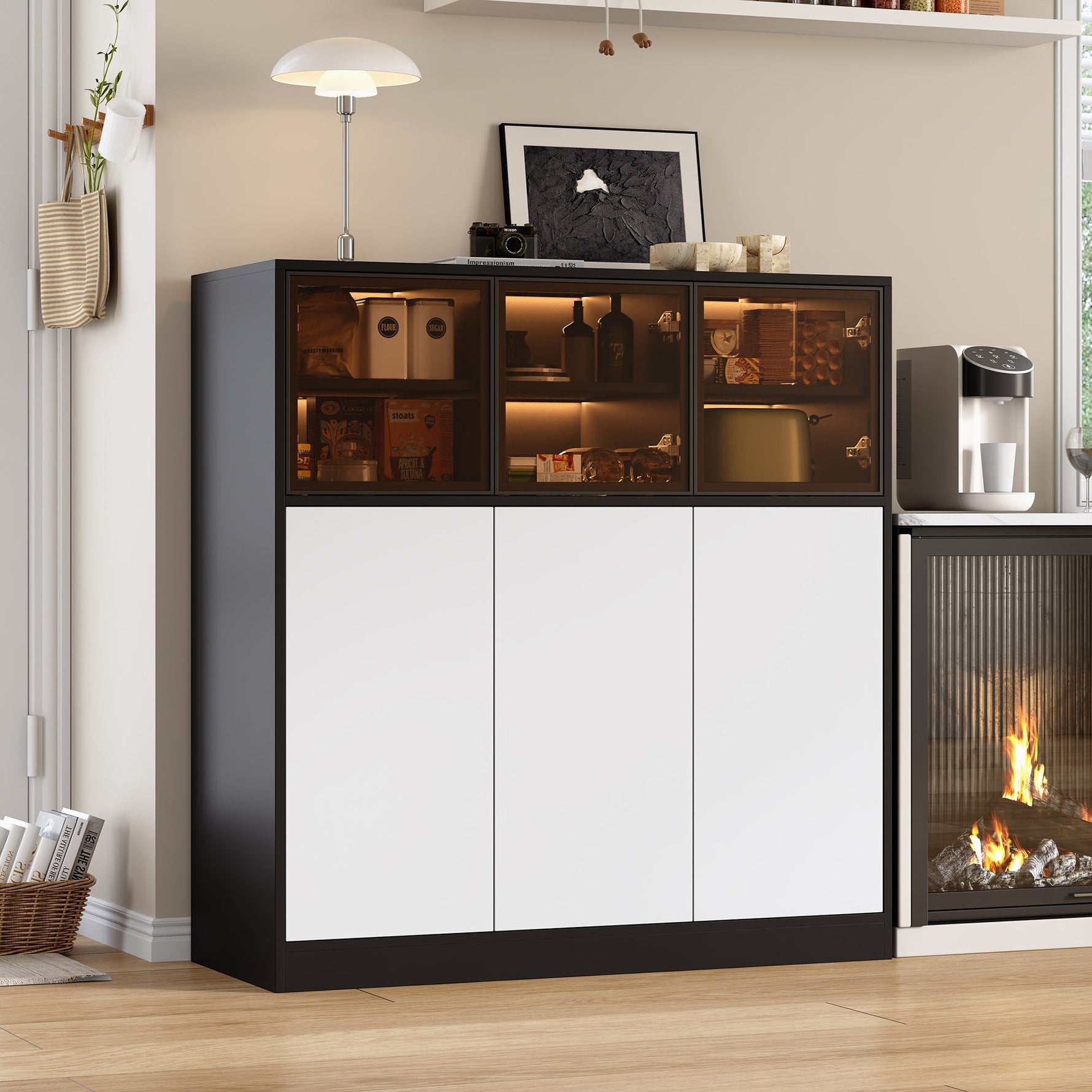 Sideboard Cabinet 100x40x105cm Lighting 3 Glass Doors - White