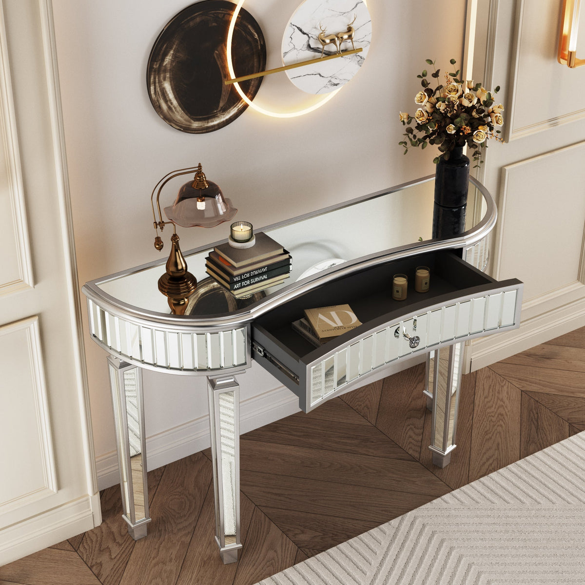 Half-Moon Mirrored Console Table with Fluted Glass and Crystal Knob Drawer, Grey and Silver