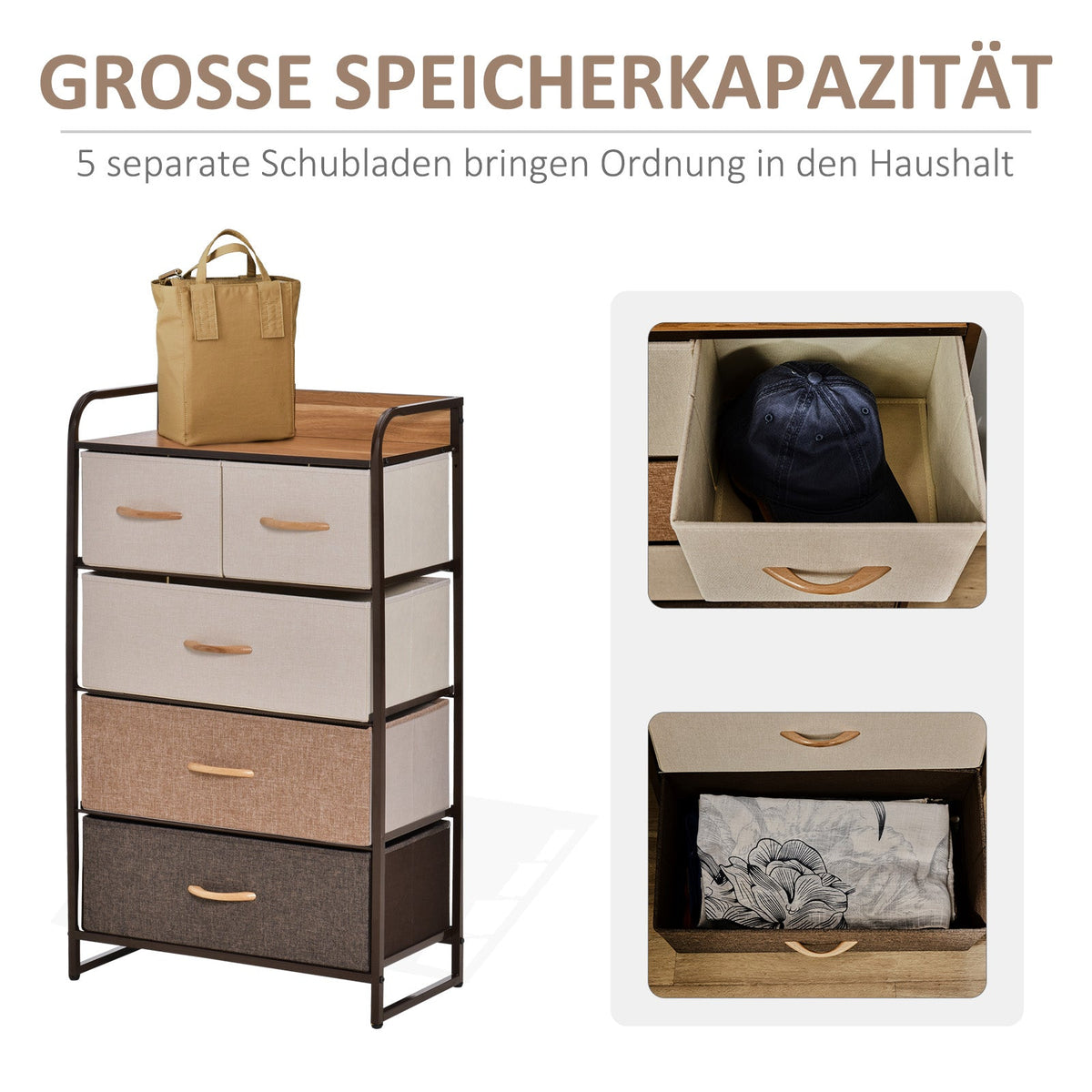 Chest of Drawers Sideboard 5 Foldable Fabric Drawers Brown