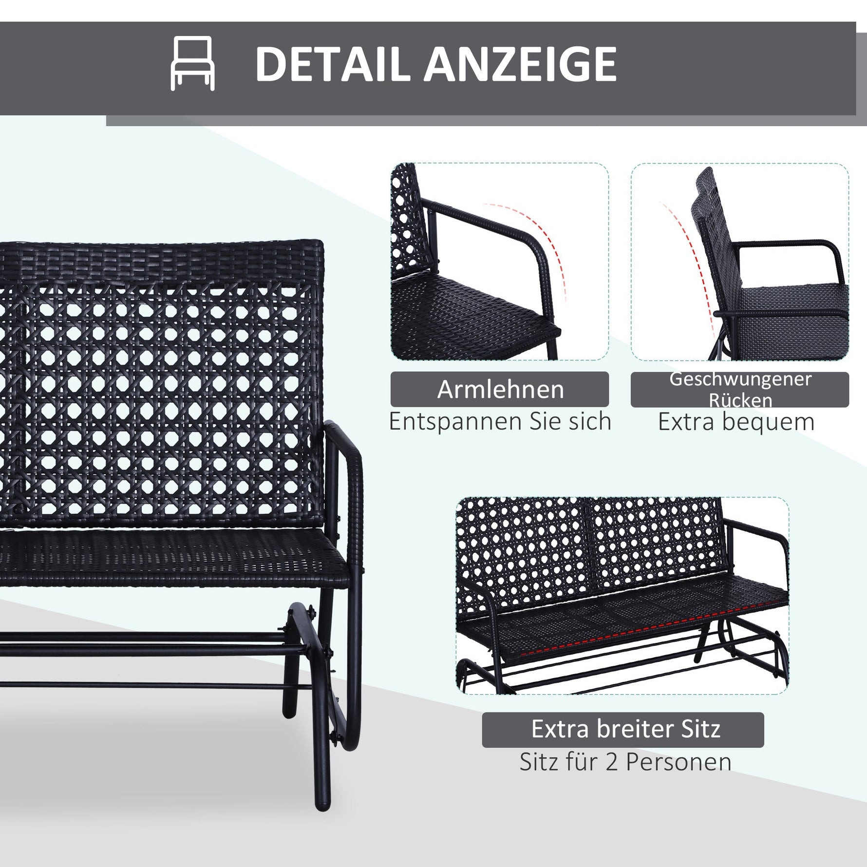 Swing Bench, 2-Seater Garden Swing, Polyrattan