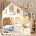 House Bunk Bed 90x200cm with LED & Storage Stairs, White+Natural