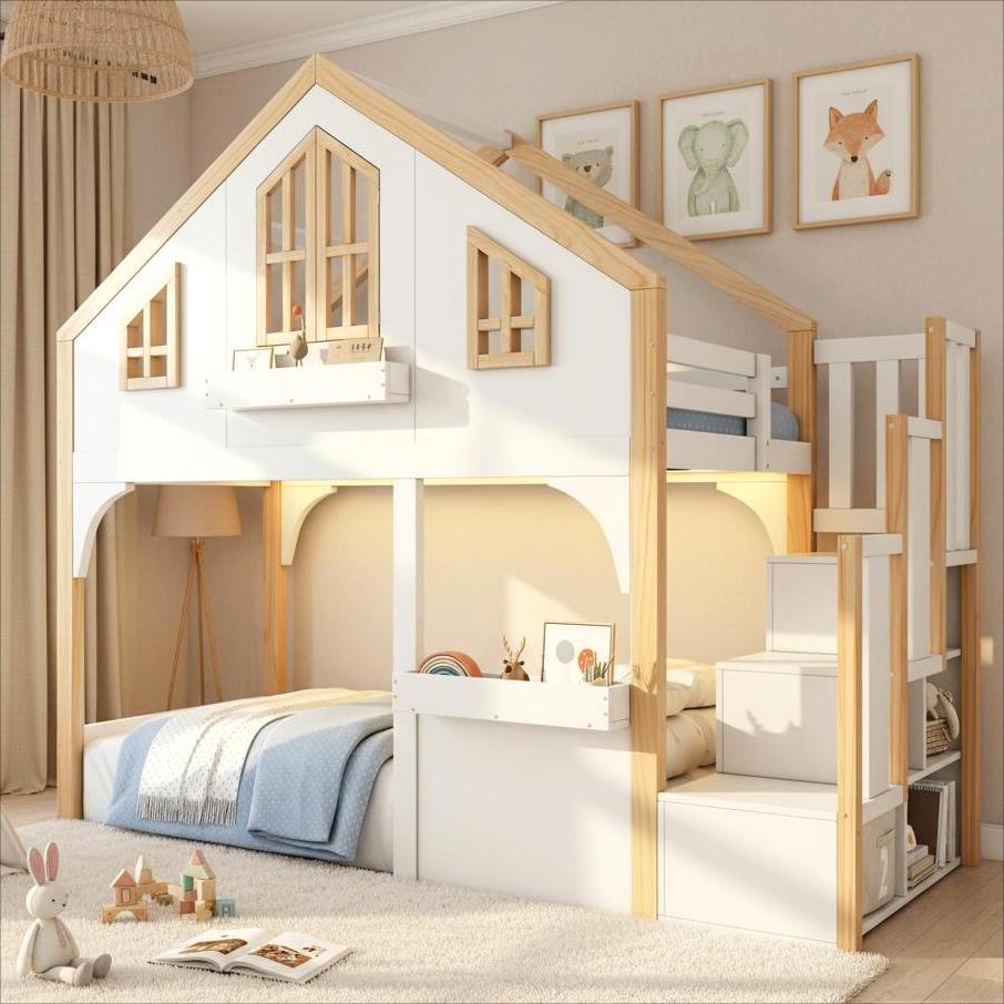 House Bunk Bed 90x200cm with LED & Storage Stairs, White+Natural