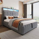 Upholstered Bed 140x200cm, LED & USB, Hydraulic Storage, Linen Fabric Gray