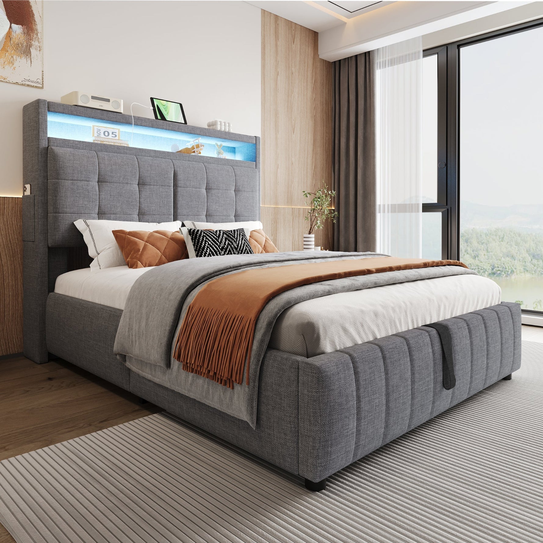 Upholstered Bed 140x200cm, LED & USB, Hydraulic Storage, Linen Fabric Gray