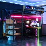 Metal Loft Bed with Desk, Shelf, LED Lighting and Socket, 90x200cm, Black Metal