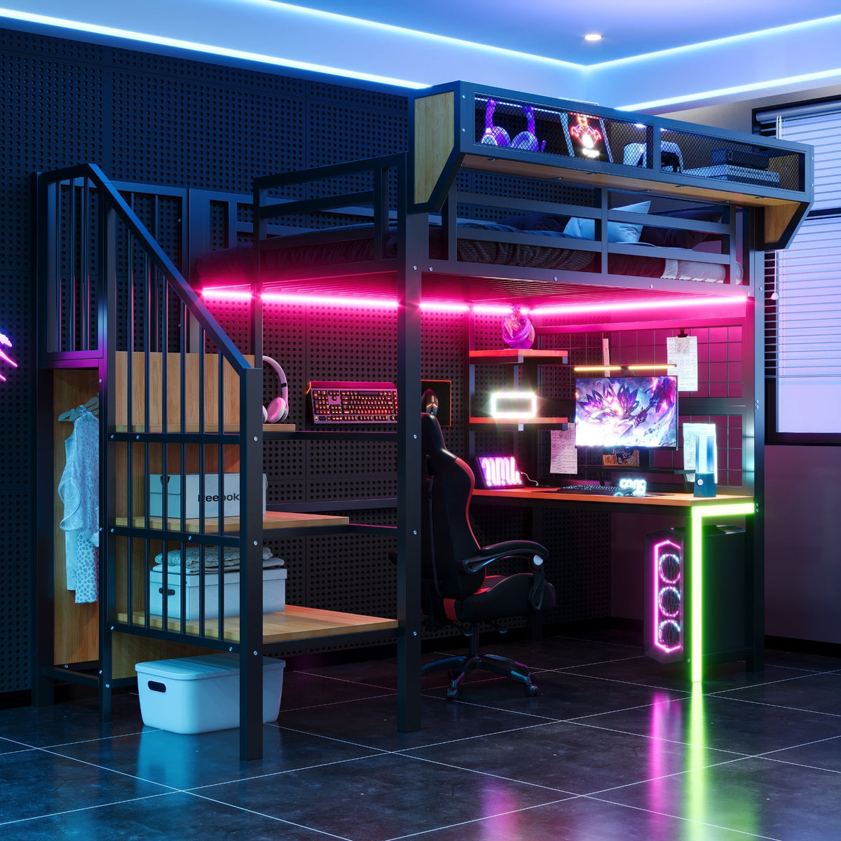 Metal Loft Bed with Desk, Shelf, LED Lighting and Socket, 90x200cm, Black Metal