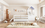 Kids House Bed with Pull-Out Bed, Drawers & Stairs, White