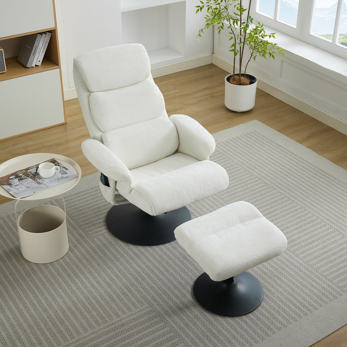 023 Recliner Chair, 5-Point Massage, Electric Heat, Footstool, 360° Swivel, Chenille Fabric White