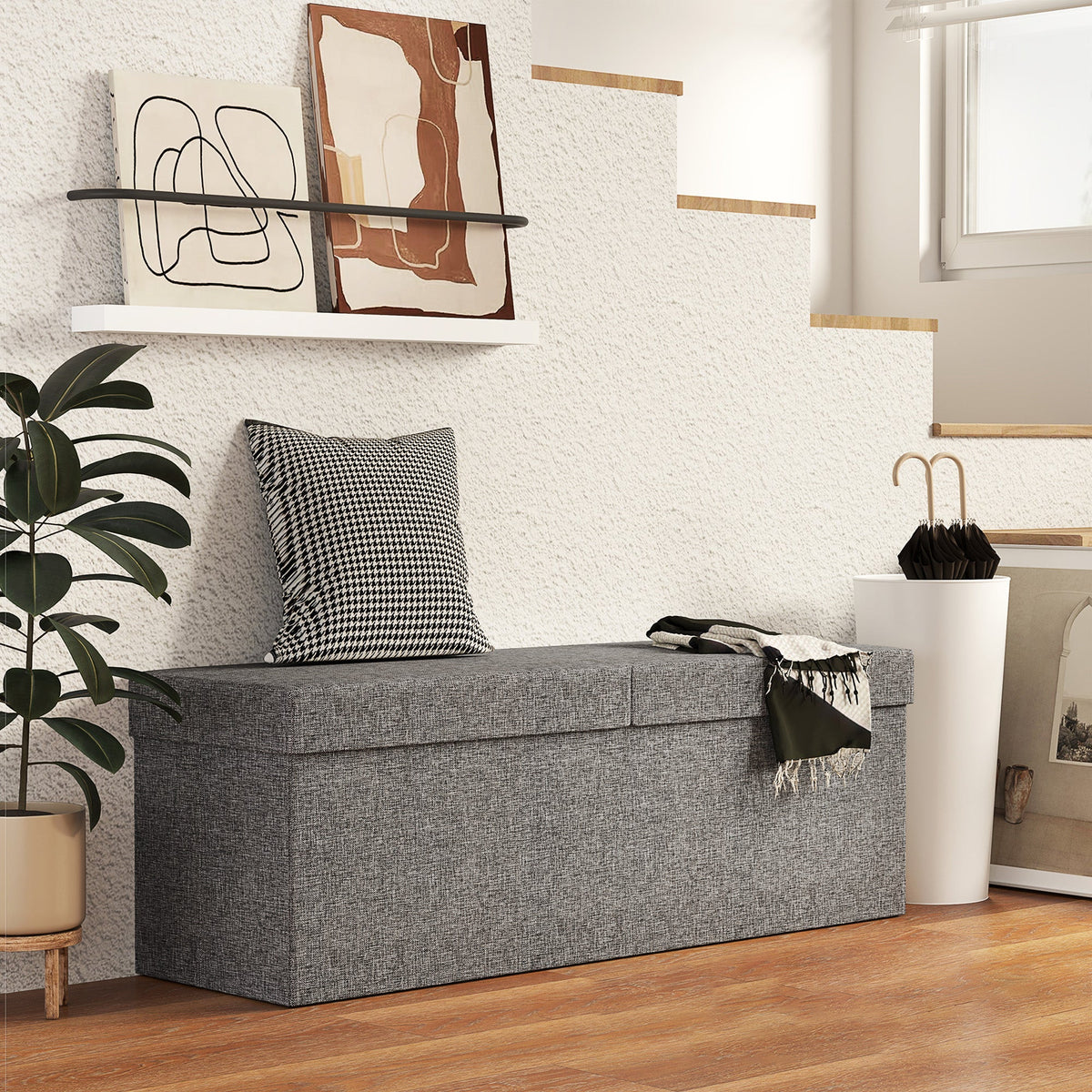 Folding Storage Bench, Separate Containers, Linen-Look, Dark Gray