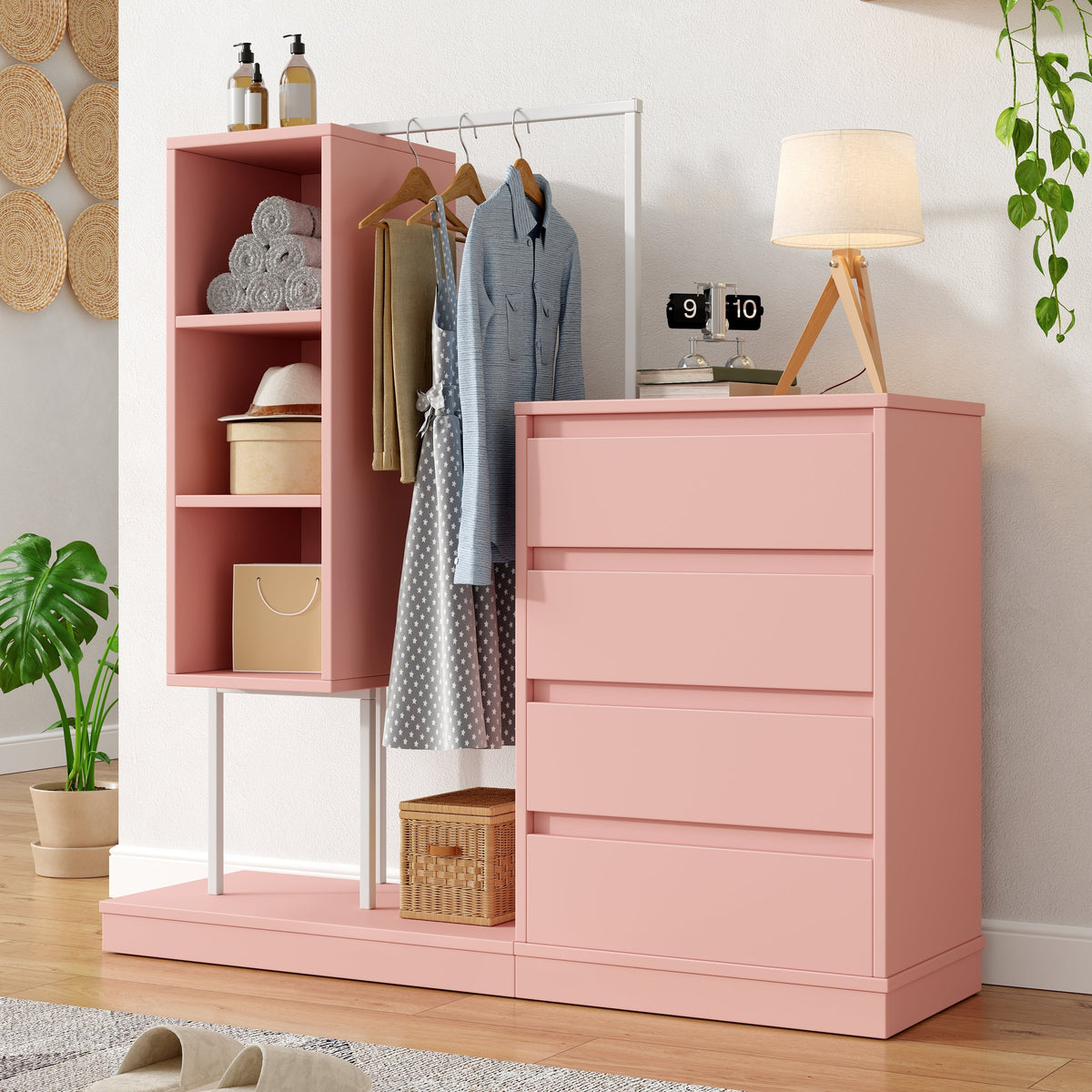 Drawer Cabinet Wardrobe Set, Sideboard Clothes Rail W140/W40/H135, Pink