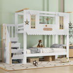 Children's Bunk Bed 90x200cm with Storage Stairs, White & Natural