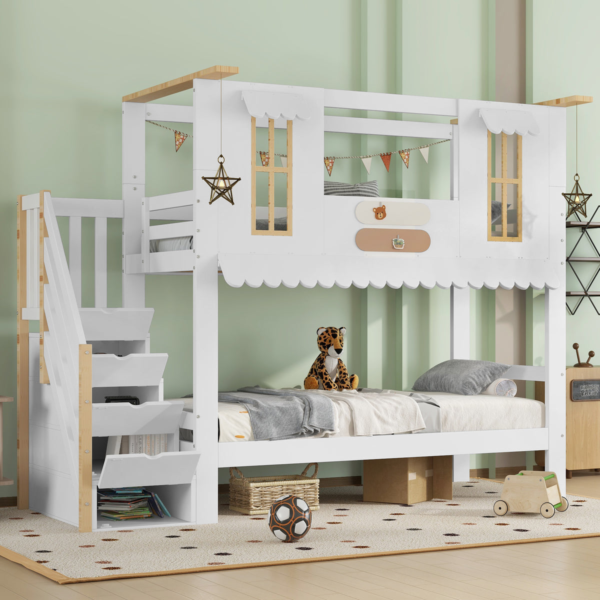 Children's Bunk Bed 90x200cm with Storage Stairs, White & Natural