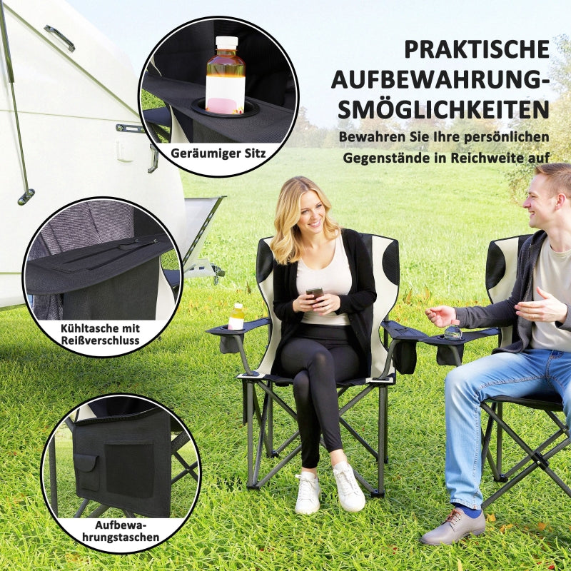Folding Chairs, Set of 2, Camping with Armrests, Cup Holder, Headrest, Cooler Bag, Padded, Metal/Fabric