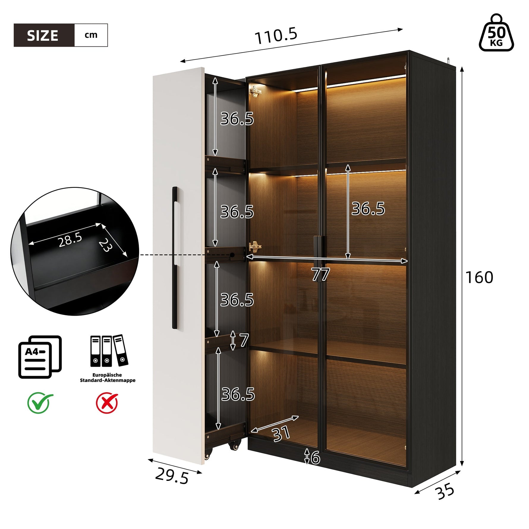 Multifunctional Cabinet 110.5x35x160cm LED Glass Door Pull-out Drawer Rolling - White/Black