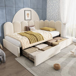 Upholstered Single Bed with Storage Drawers and Slatted Frame, Beige Samt