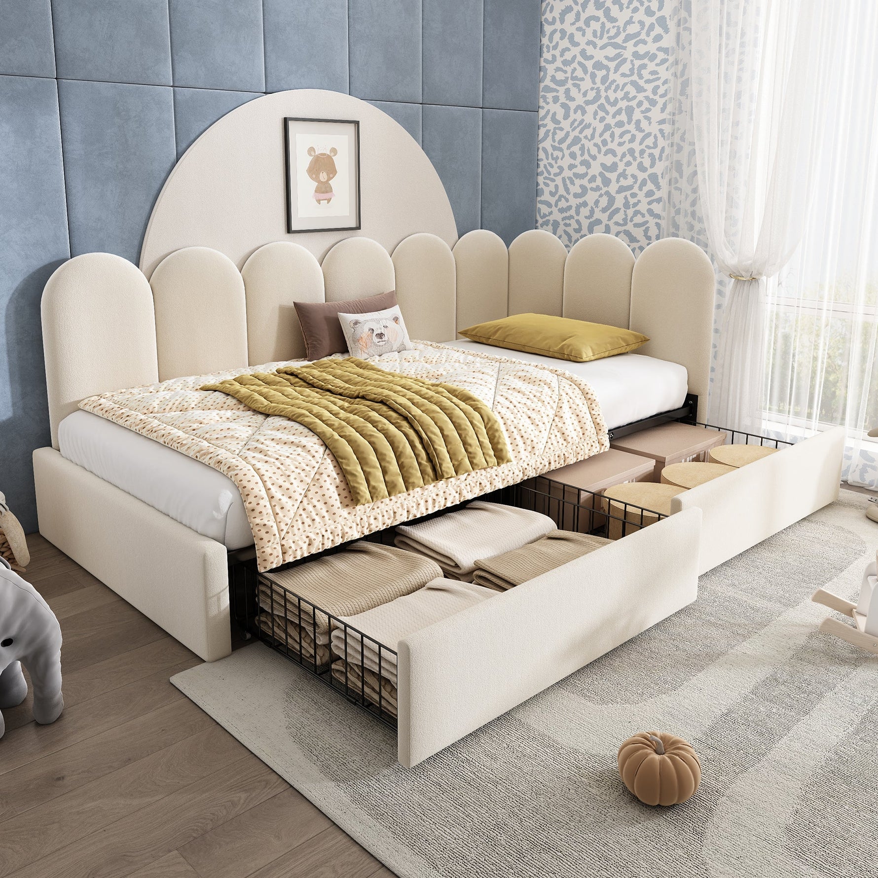 Upholstered Single Bed with Storage Drawers and Slatted Frame, Beige Samt