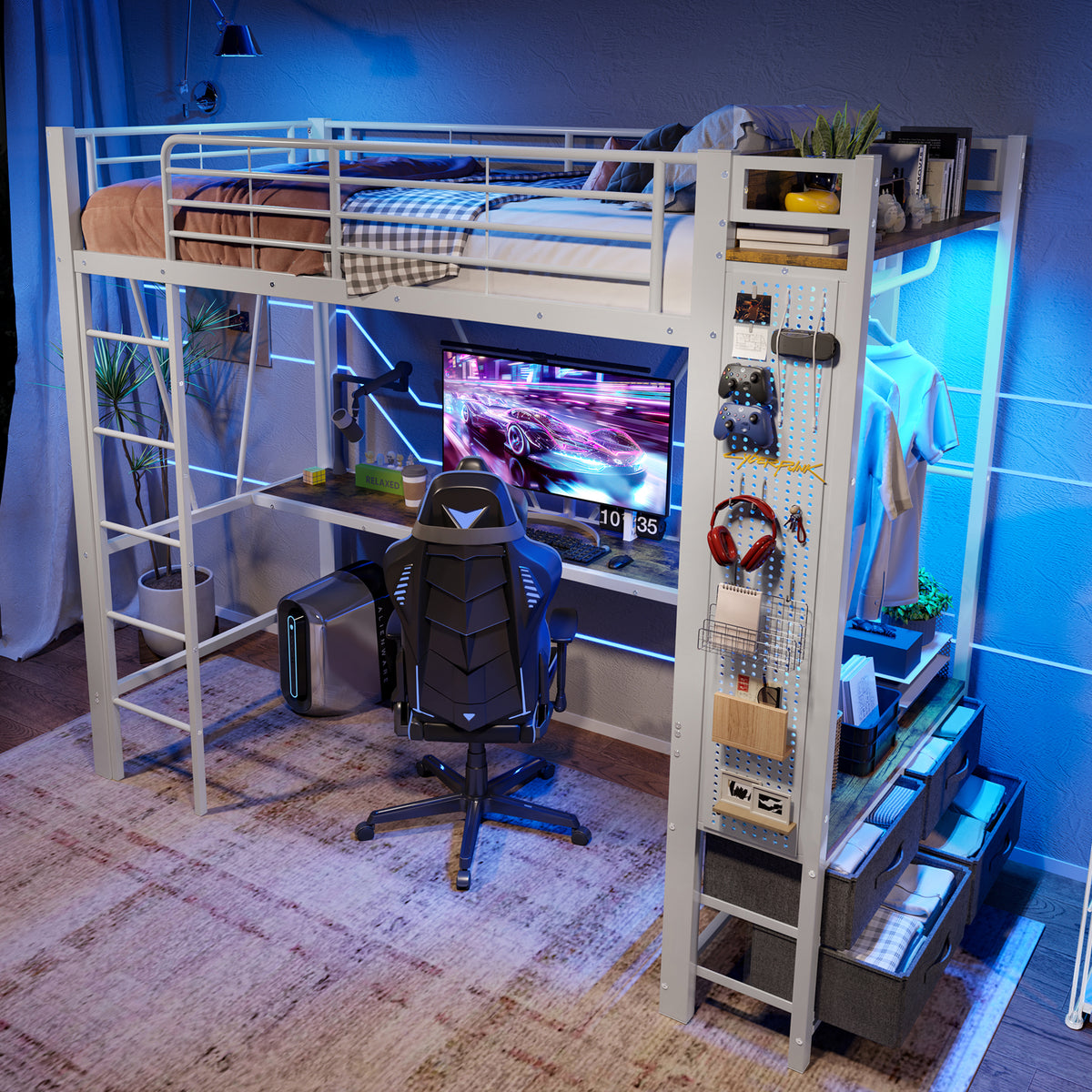 Loft Bed 90x200cm with Desk, Shelves & Drawers, White Iron Frame
