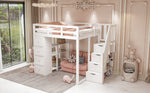 Loft Bed, 140x200cm with Storage, Ladder & Shelves, White Solid Wood