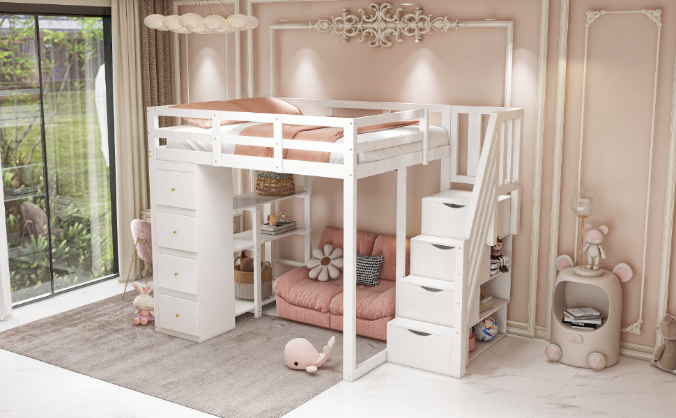 Loft Bed, 140x200cm with Storage, Ladder & Shelves, White Solid Wood