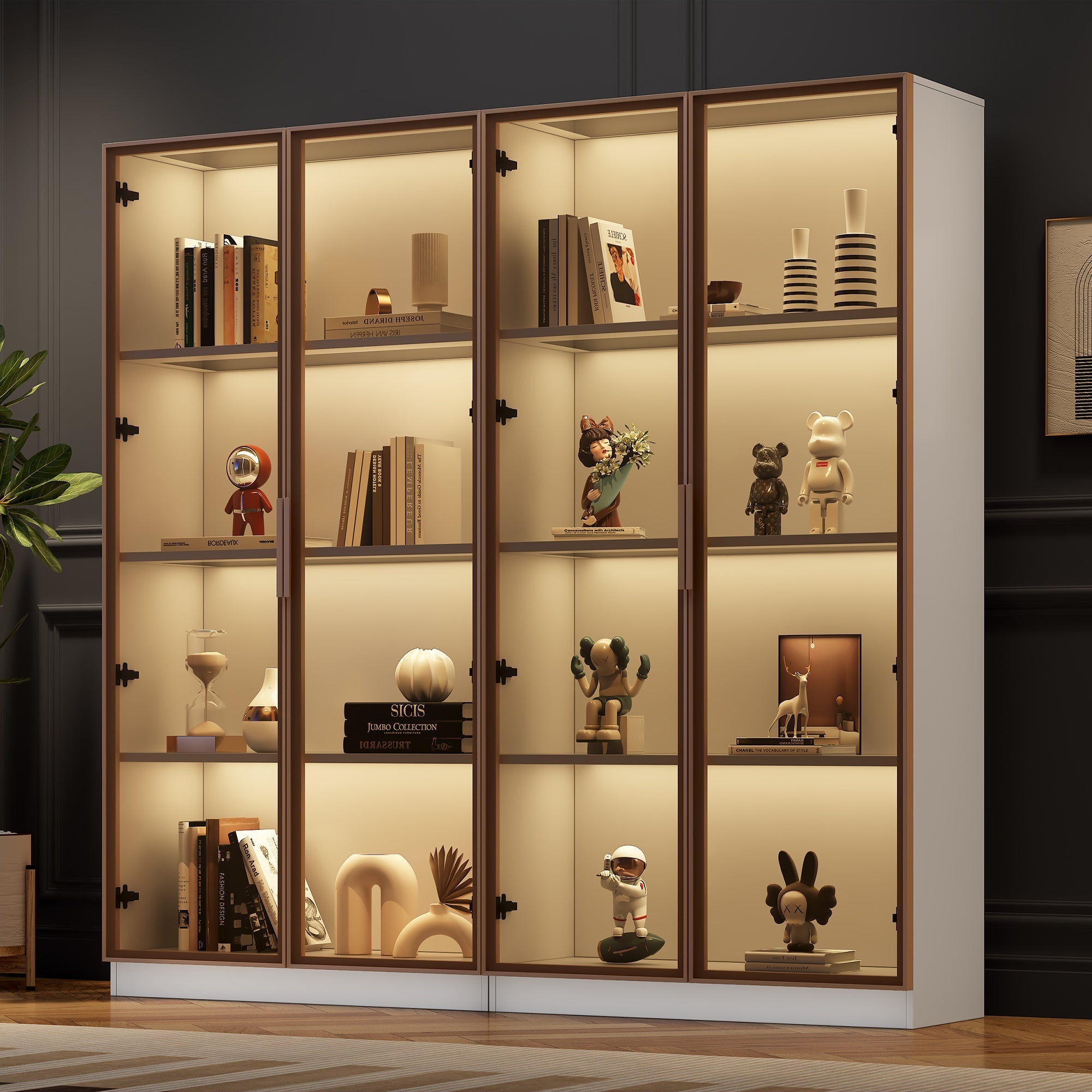 Glass Display Cabinet, Set of 2 with LED Lighting & Movable Shelves, White