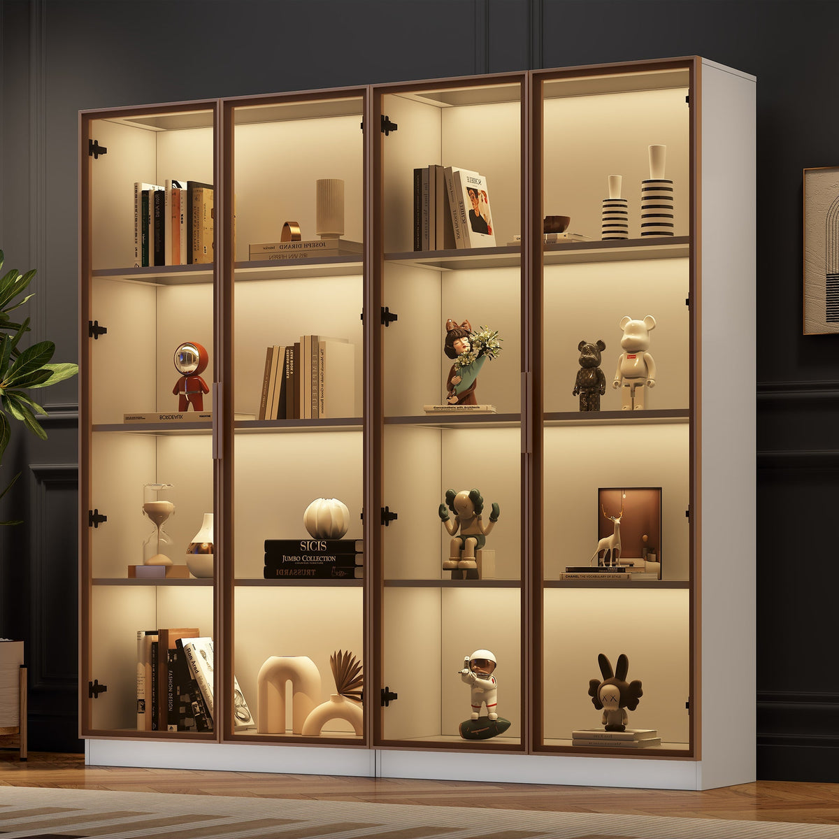 Glass Display Cabinet, Set of 2 with LED Lighting & Movable Shelves, White