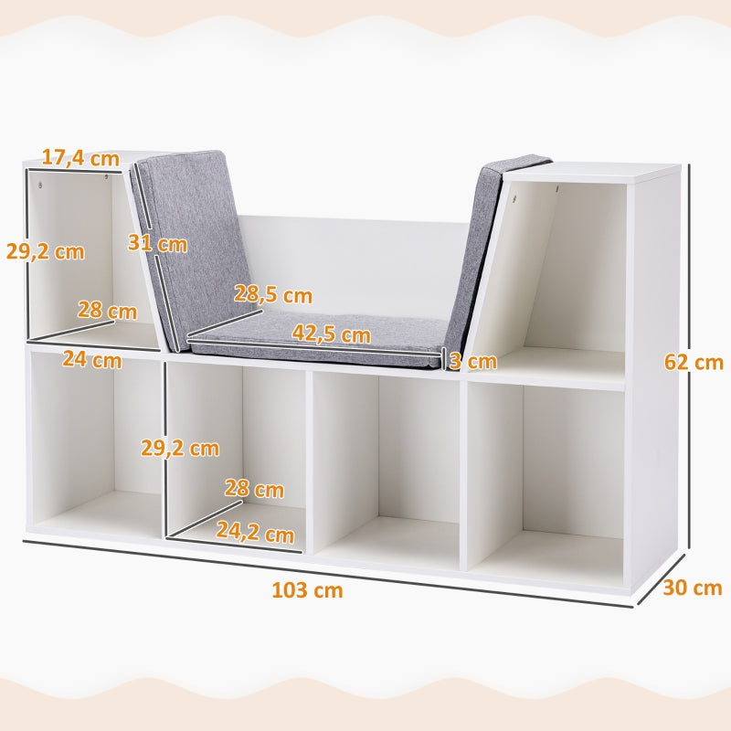 Children's Shelf Bookcase, 6 Compartments, Toy Box, White+Gray