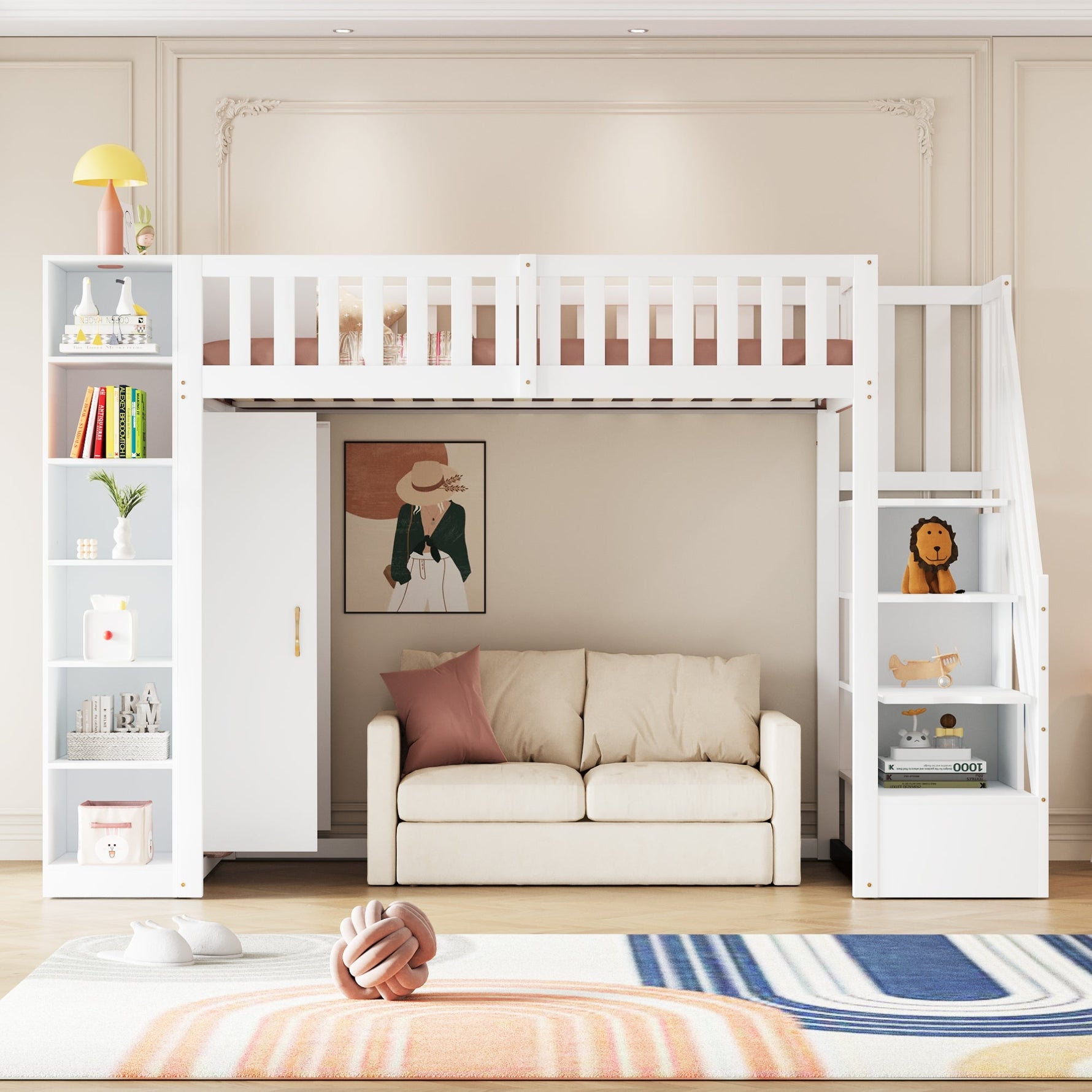 Loft Bed 90x200cm with Wardrobe Storage Cabinet Shelves & Ladder - White