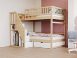Bunk Bed, Solid Wood 90x200cm with Safety Rail, Slatted Frame, Storage Ladder & Drawers, Wood Color