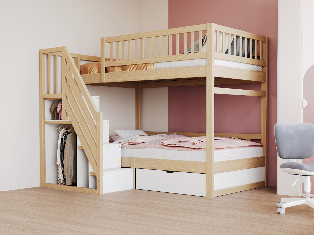 Bunk Bed, Solid Wood 90x200cm with Safety Rail, Slatted Frame, Storage Ladder & Drawers, Wood Color