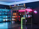 Metal Loft Bed with Desk, Shelf, LED Lighting and Socket, 90x200cm, Black Metal