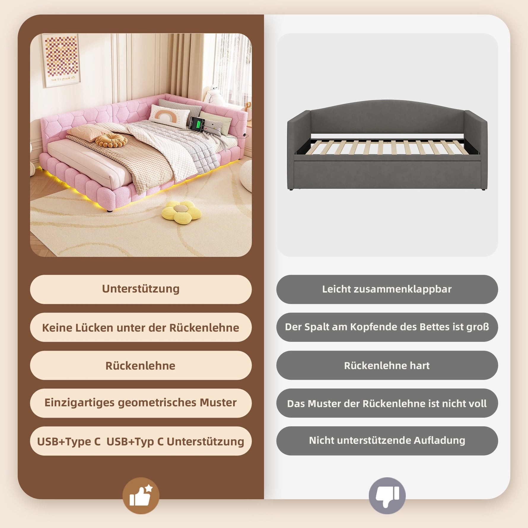 Daybed Sofa Bed 140x200cm Ambient Light USB/Type-C - Pink Faux Fleece