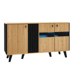 Sideboard, 140x78.5x41 cm, LED Lighting & Glass, Wood and Black