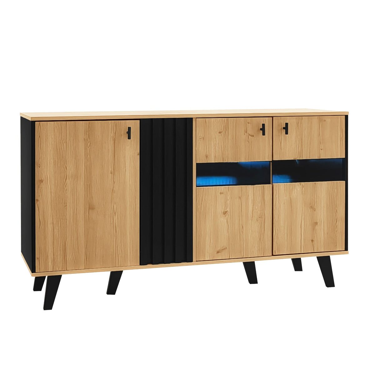 Sideboard, 140x78.5x41 cm, LED Lighting & Glass, Wood and Black