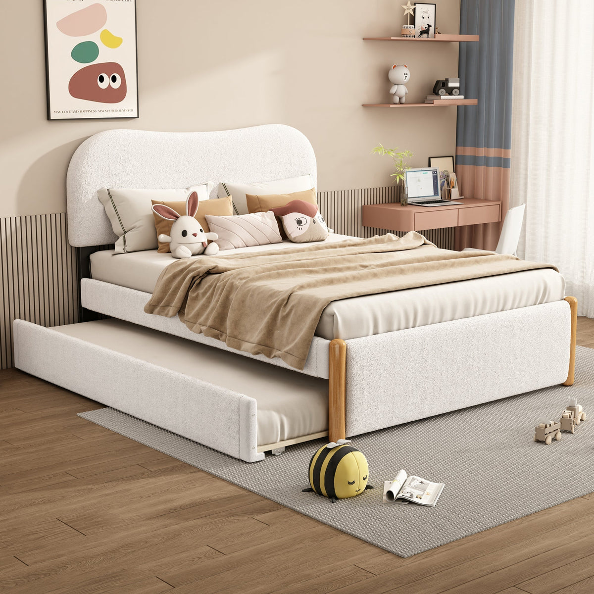 Upholstered Bed 140x200cm Pull-out Rollaway Bed - White