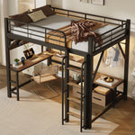 Loft Bed 140x200cm with Desk, LED Light & Shelves, Black Iron