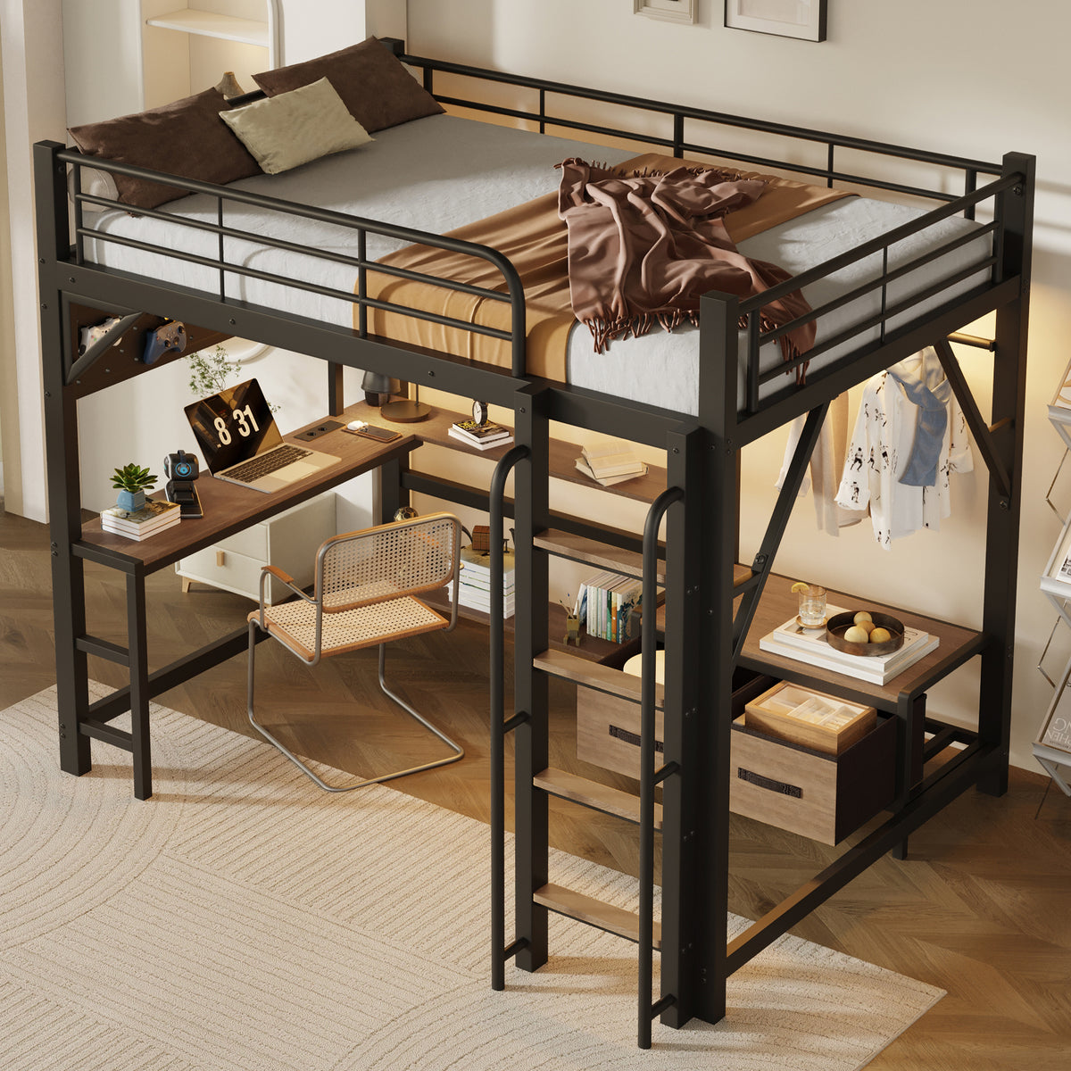 Loft Bed 140x200cm with Desk, LED Light & Shelves, Black Iron