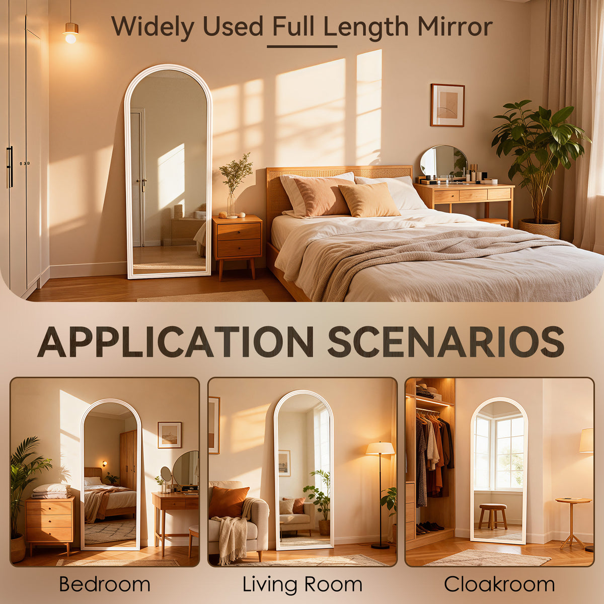 Curved Full-Length Mirror 160x50 cm Stand White Wood Frame