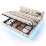 Upholstered Double Bed 180x200cm Storage LED, Beige Chenille