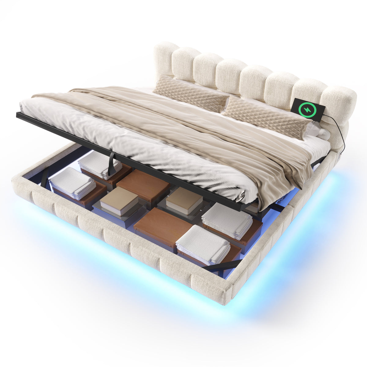 Upholstered Double Bed 180x200cm Storage LED, Beige Chenille